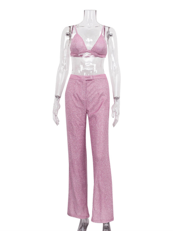 Drune | Neue Camisole, schmal gerade High-Waist-Hosen, sexy Paillettenjacke Anzug Set (drei-teiliges Set)