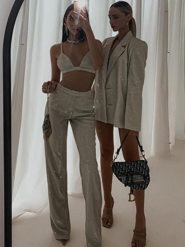 Drune | Neue Camisole, schmal gerade High-Waist-Hosen, sexy Paillettenjacke Anzug Set (drei-teiliges Set)