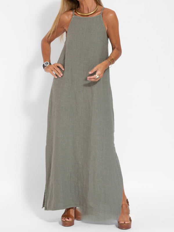 Drune | Neues modisches lässiges Baumwoll- und Leinen-Trägerkleid mit Schlitz