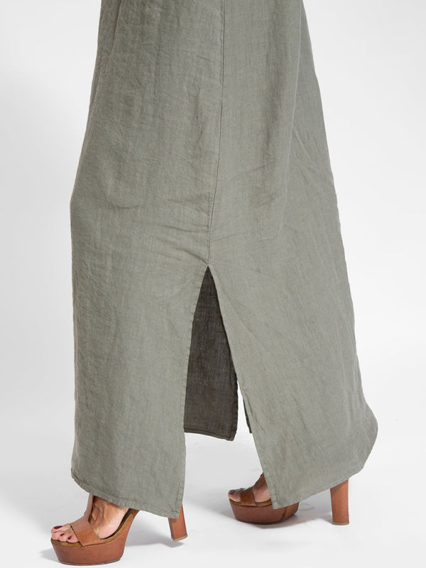 Drune | Neues modisches lässiges Baumwoll- und Leinen-Trägerkleid mit Schlitz