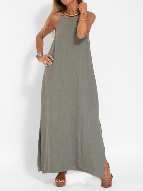 Drune | Neues modisches lässiges Baumwoll- und Leinen-Trägerkleid mit Schlitz
