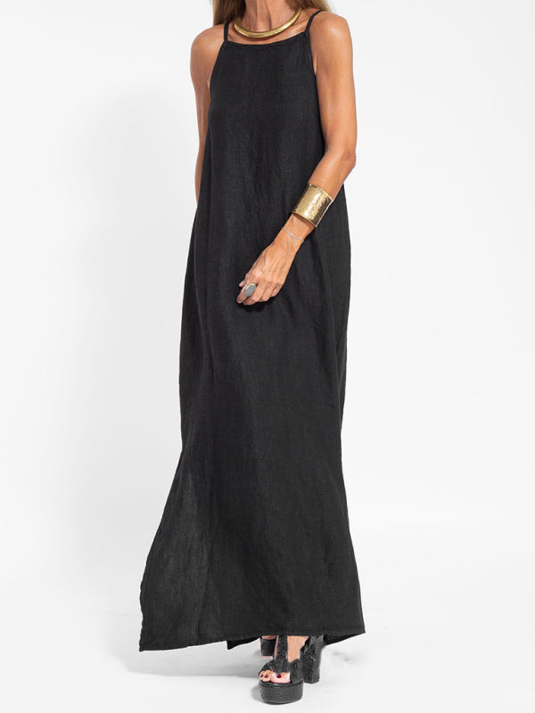 Drune | Neues modisches lässiges Baumwoll- und Leinen-Trägerkleid mit Schlitz