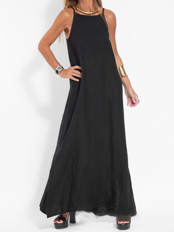 Drune | Neues modisches lässiges Baumwoll- und Leinen-Trägerkleid mit Schlitz