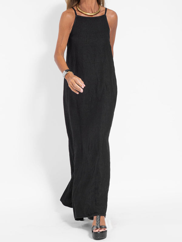 Drune | Neues modisches lässiges Baumwoll- und Leinen-Trägerkleid mit Schlitz