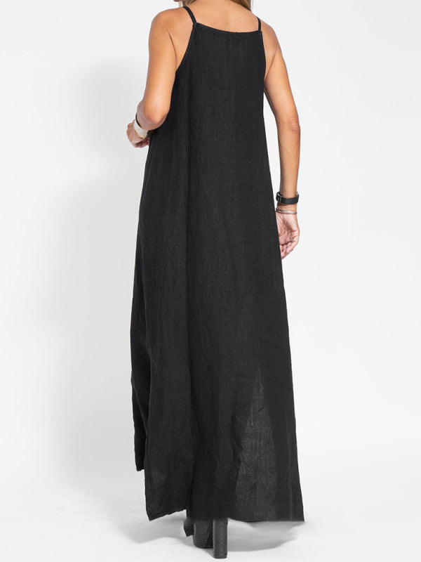 Drune | Neues modisches lässiges Baumwoll- und Leinen-Trägerkleid mit Schlitz