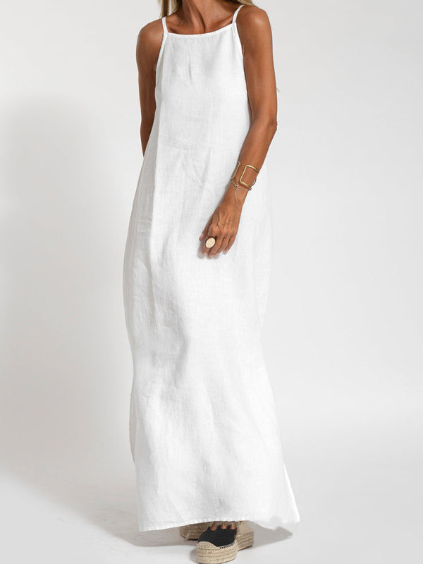 Drune | Neues modisches lässiges Baumwoll- und Leinen-Trägerkleid mit Schlitz