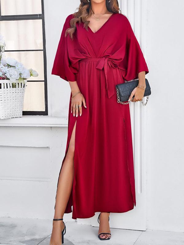 Drune | Damen Elegantes V-Ausschnitt Lockere Kleid