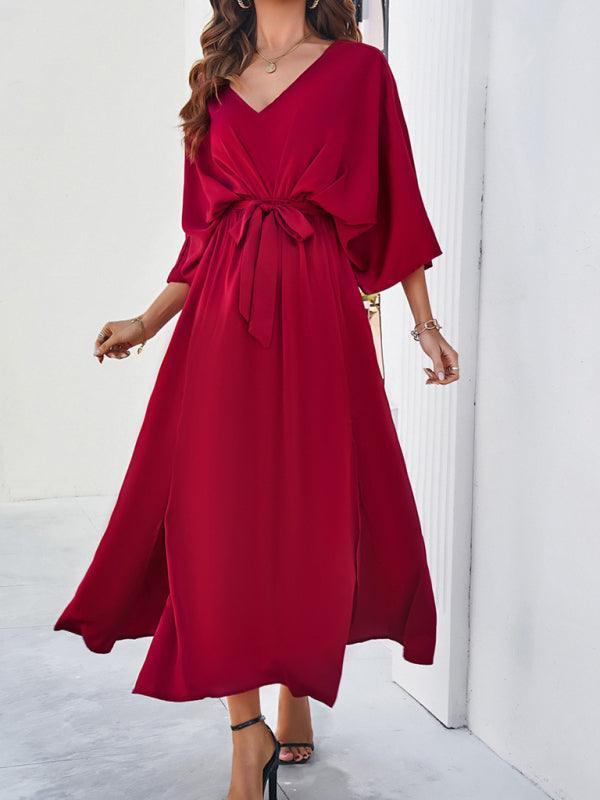 Drune | Damen Elegantes V-Ausschnitt Lockere Kleid