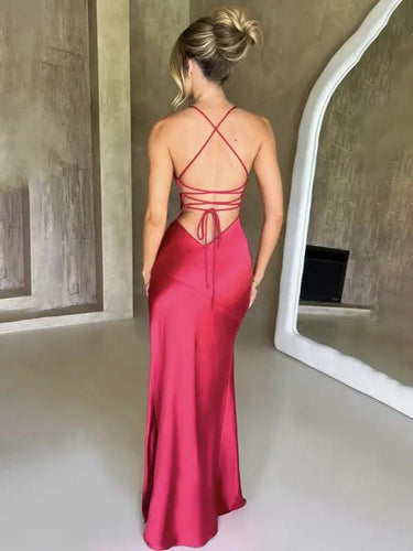 Drune | Damen Träger V-Ausschnitt Satin Schlitz sexy rückenfrei langes Kleid