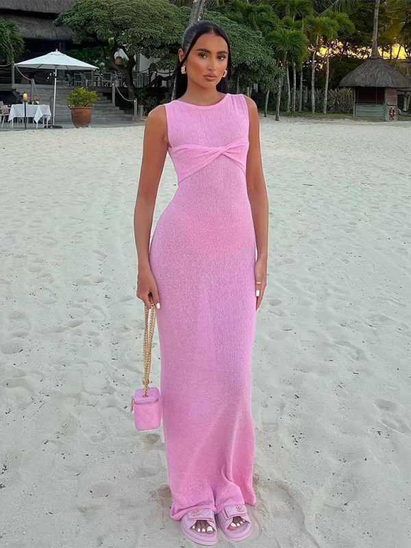 Drune | Ärmelloses enges Rundhals gestricktes einfarbiges Strandlangkleid
