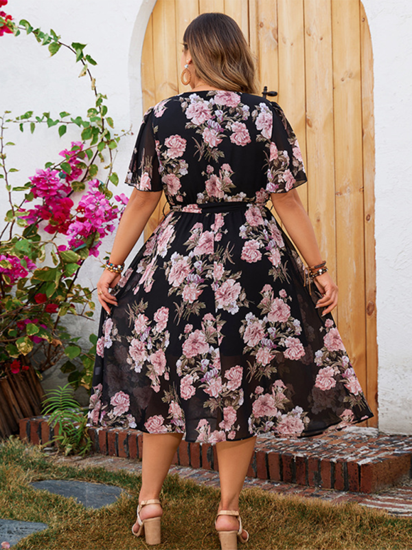 Drune | Plus-Size Damen V-Ausschnitt mit schwingenden Ärmeln tailliertes florales Kleid