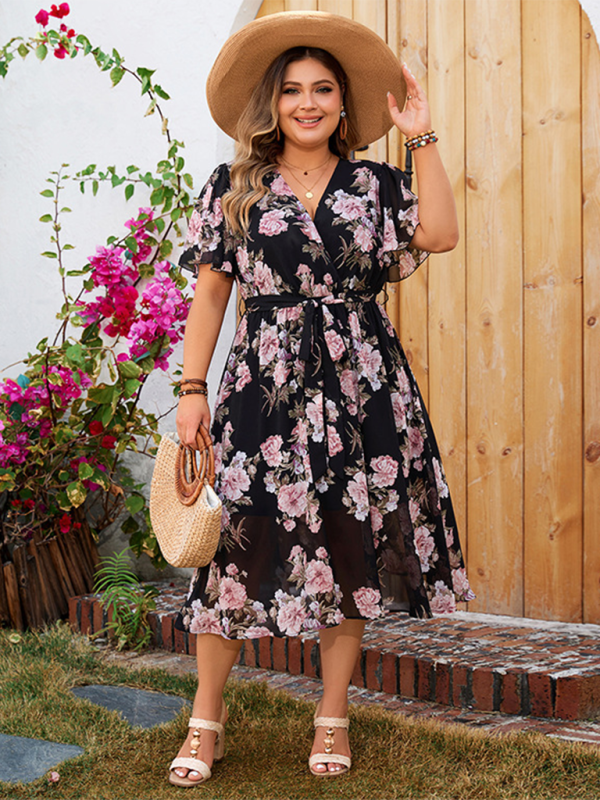 Drune | Plus-Size Damen V-Ausschnitt mit schwingenden Ärmeln tailliertes florales Kleid
