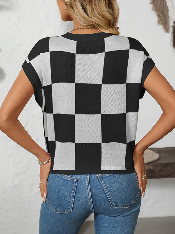 Drune | Colorblock Rundhalsausschnitt Schachbrett Pullover
