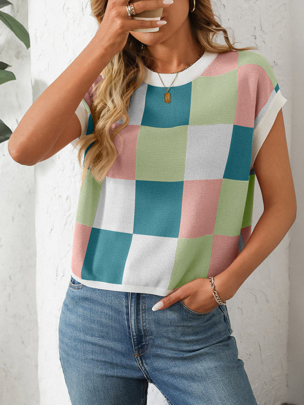 Drune | Colorblock Rundhalsausschnitt Schachbrett Pullover