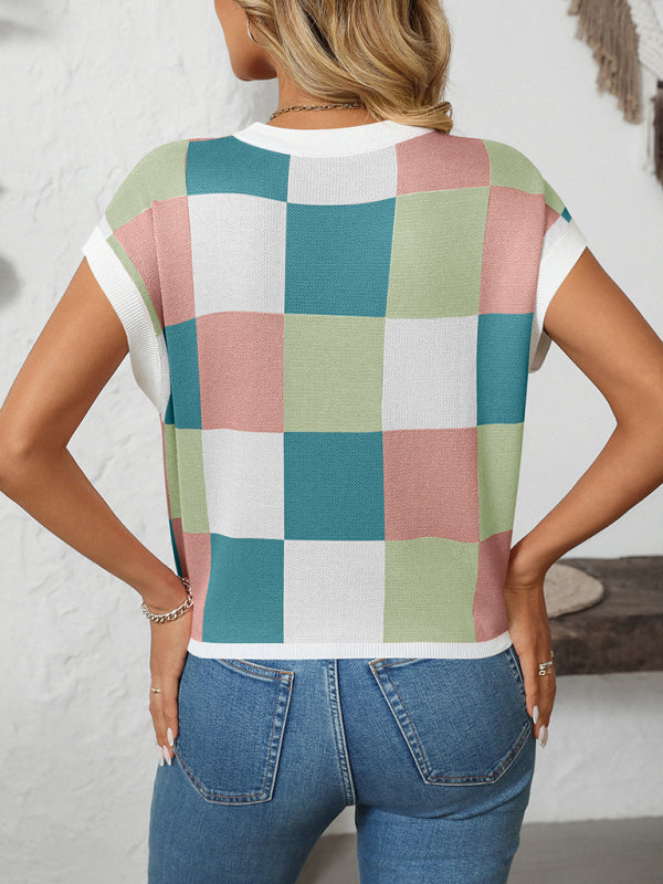 Drune | Colorblock Rundhalsausschnitt Schachbrett Pullover