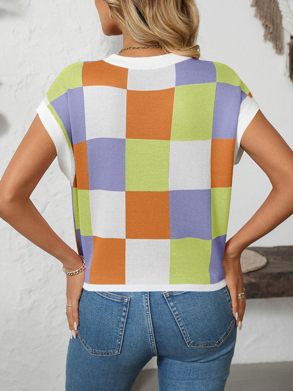 Drune | Colorblock Rundhalsausschnitt Schachbrett Pullover