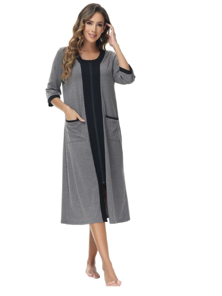 Damen Langer Bademantel mit Kapuze und Taschen Drune