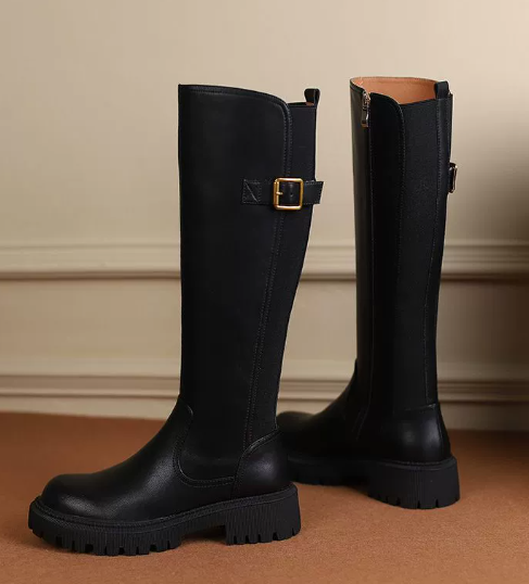 Damen lange Stiefel mit elegantem Schnallenakzent und rutschfester Sohle Drune