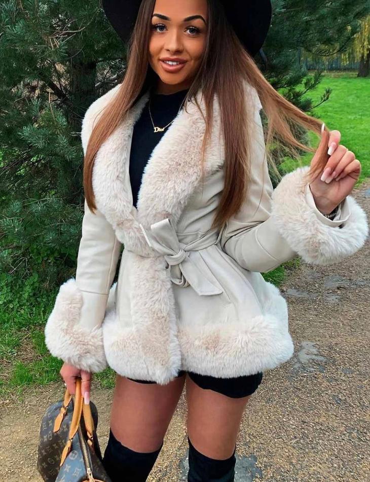 Drune | Damen Winterjacke mit Kunstfell und Gürtel