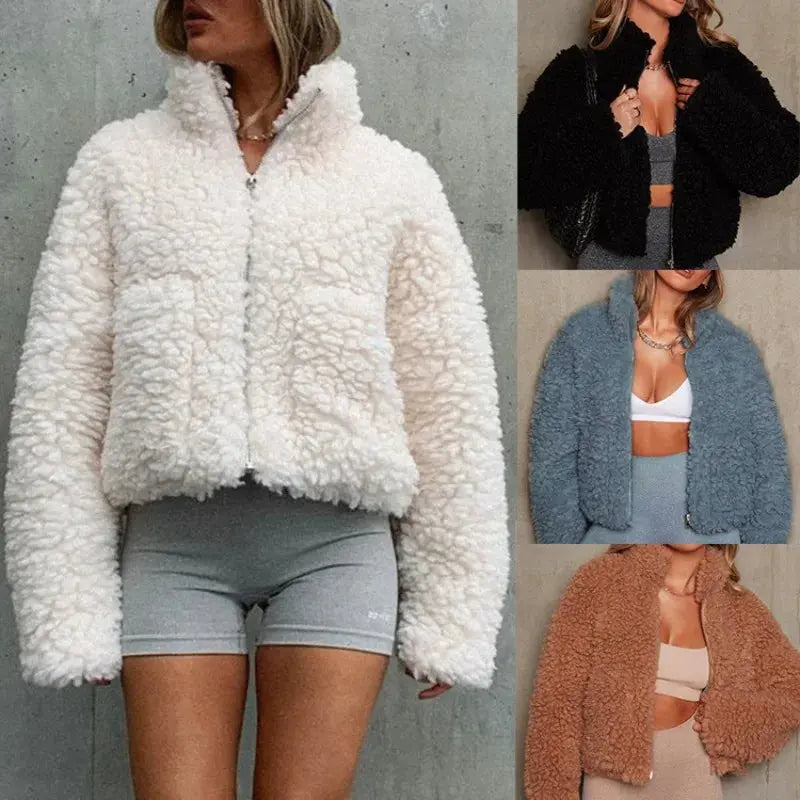 Drune | Kuschelige Teddyjacke in Zimtbraun mit Zipper & Cropped Schnitt