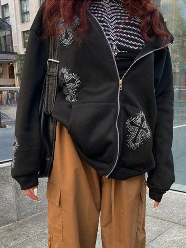 Drune | Hoodie mit Reißverschluss und Strass-Kreuzmuster