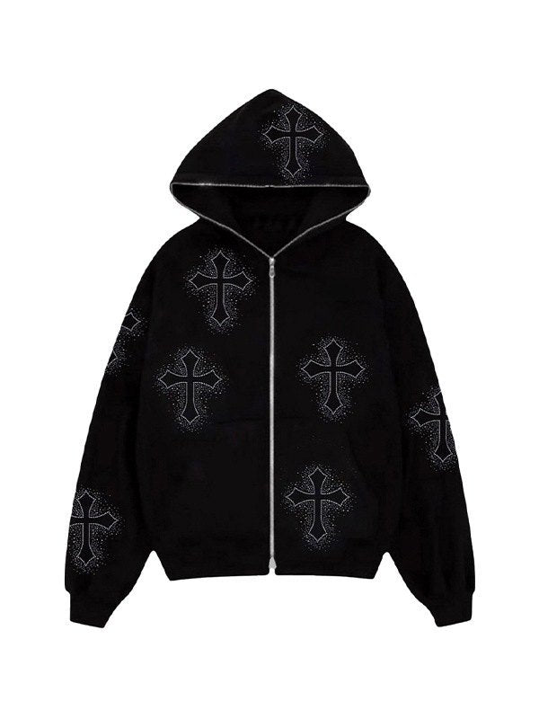 Drune | Hoodie mit Reißverschluss und Strass-Kreuzmuster