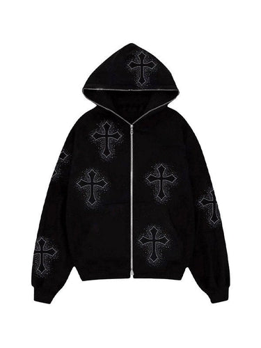 Drune | Hoodie mit Reißverschluss und Strass-Kreuzmuster