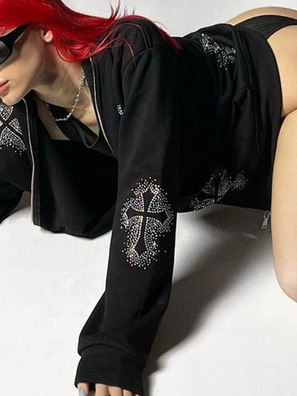 Drune | Hoodie mit Reißverschluss und Strass-Kreuzmuster