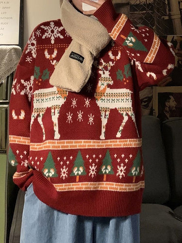 Drune | oversized Weihnachts-Pullover mit Rundhalsausschnitt und Hirschmuster