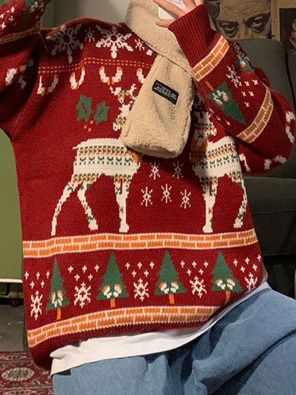 Drune | oversized Weihnachts-Pullover mit Rundhalsausschnitt und Hirschmuster