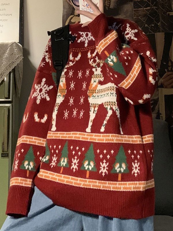 Drune | oversized Weihnachts-Pullover mit Rundhalsausschnitt und Hirschmuster
