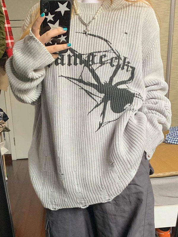 Drune | Punk geripptes Strickpullover mit bedruckter Spinne