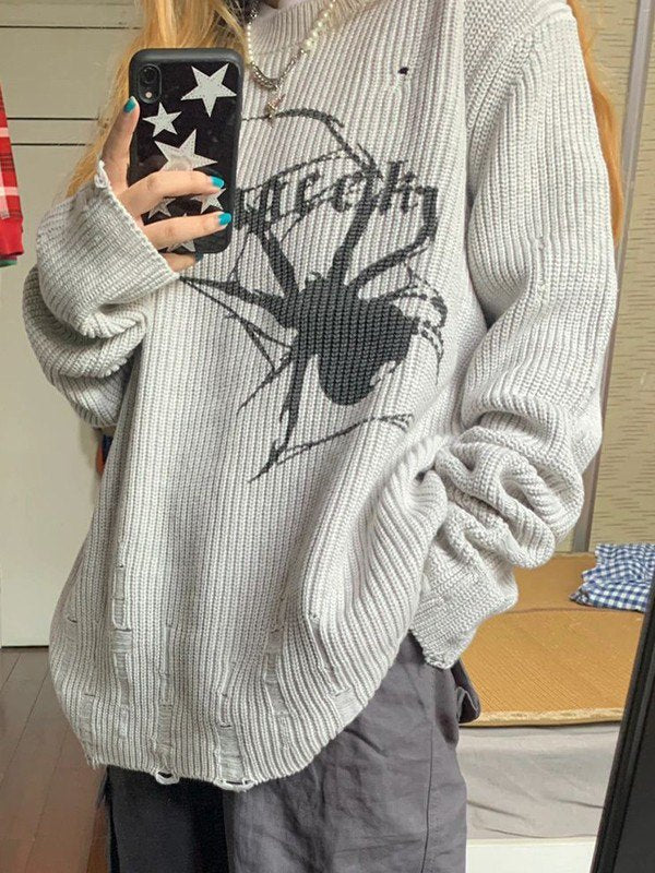 Drune | Punk geripptes Strickpullover mit bedruckter Spinne