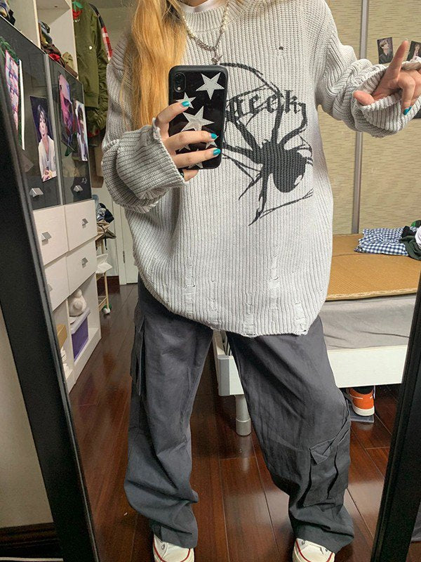 Drune | Punk geripptes Strickpullover mit bedruckter Spinne