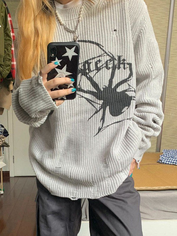 Drune | Punk geripptes Strickpullover mit bedruckter Spinne