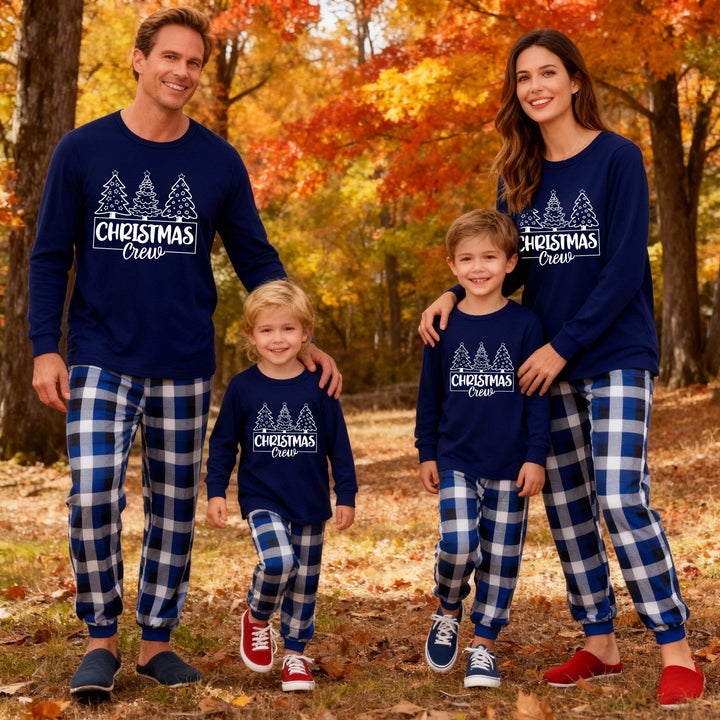 Drune | "Weihnachtscrew" und Bäume Blaue Lange Ärmel mit Blau&Weiß&Schwarz Karierter Hose Familienpassende Pyjamas