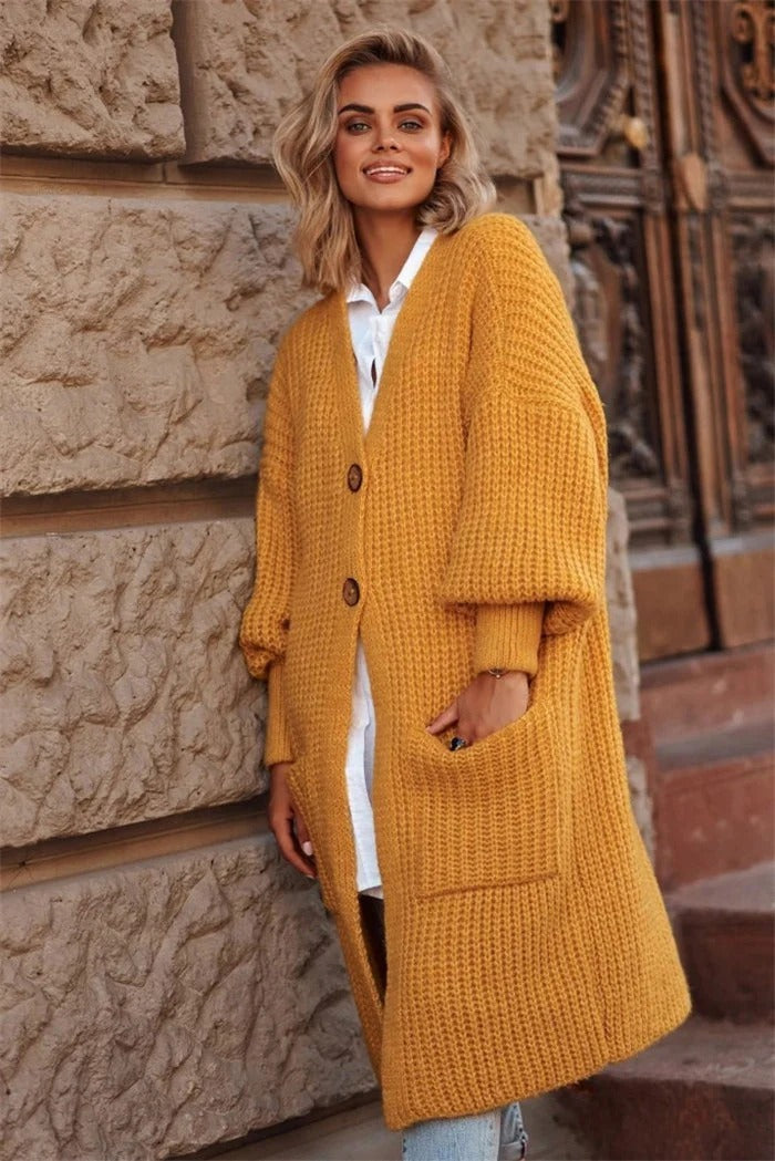 Drune | Strickmantel - Oversized Passform - Lange Länge - Knopfverschluss - Große Taschen