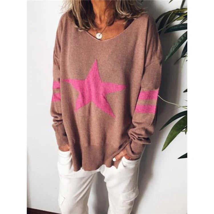 Drune | Sweater Relaxed Fit Weiche Strick Stern Druck Lange Ärmel