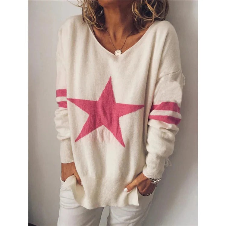 Drune | Sweater Relaxed Fit Weiche Strick Stern Druck Lange Ärmel