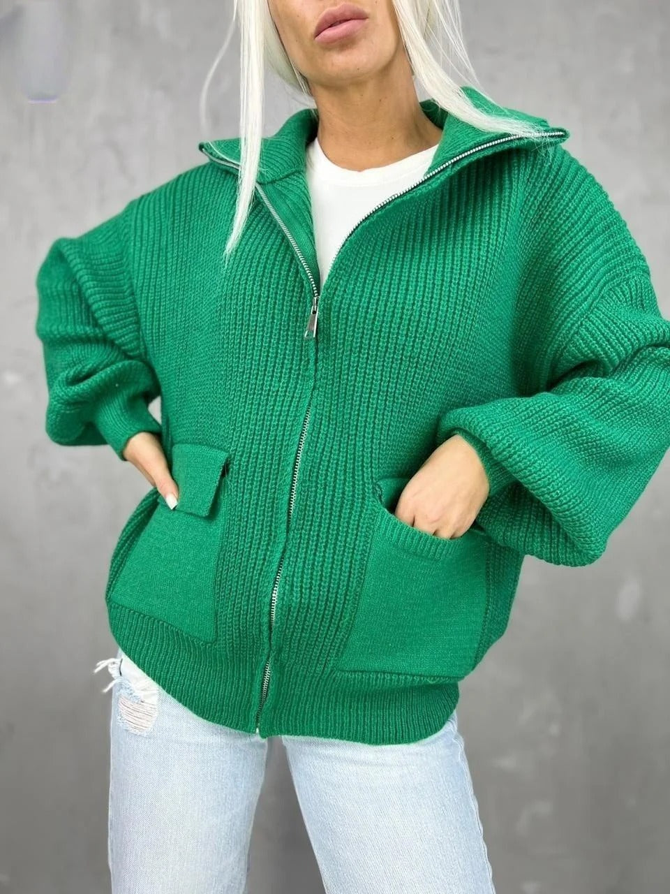Drune | Strickjacke Lockerer Schnitt Strickdesign Rippstruktur Reißverschluss Klapptaschen