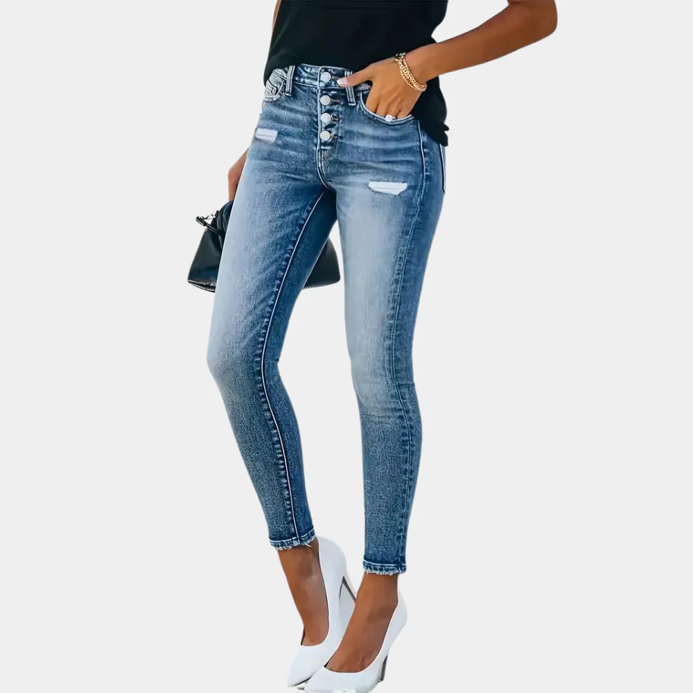 Drune | Skinny Jeans Slim Fit Stretch Denim Knopfverschluss Used Details