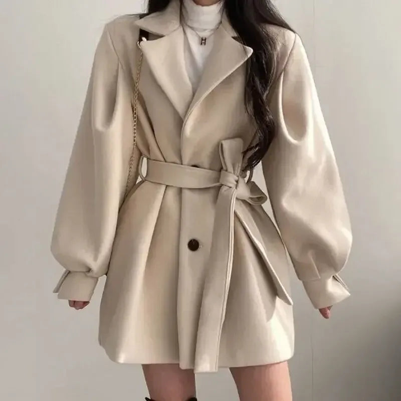 Drune | Trenchcoat Wollmischung Mit Gürtel Taillenweite Breiter Revers Mittellange Passform