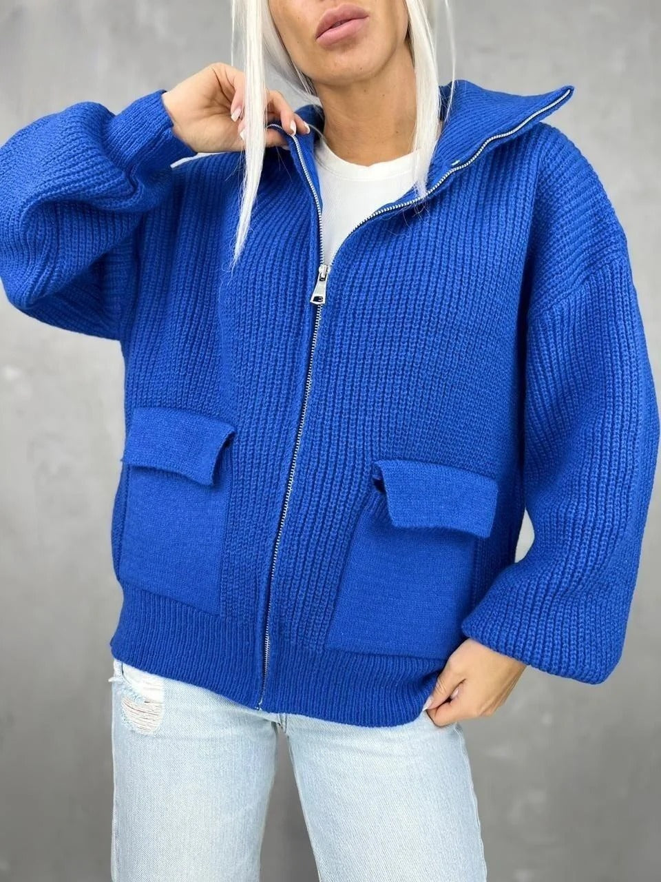 Drune | Strickjacke Lockerer Schnitt Strickdesign Rippstruktur Reißverschluss Klapptaschen