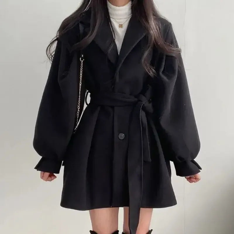 Drune | Trenchcoat Wollmischung Mit Gürtel Taillenweite Breiter Revers Mittellange Passform