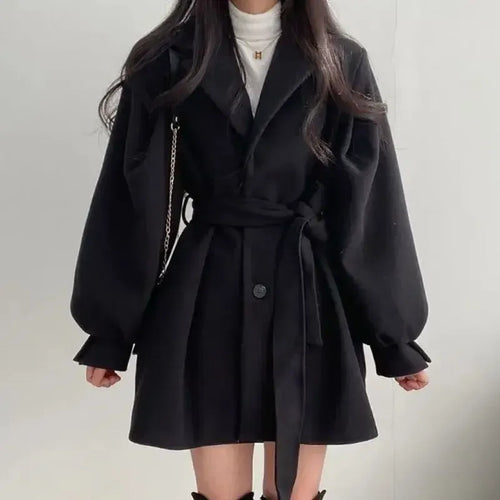 Drune | Trenchcoat Wollmischung Mit Gürtel Taillenweite Breiter Revers Mittellange Passform