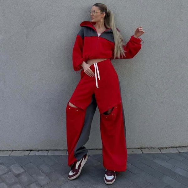 Drune | Set Lounge Kleid Kurzer Kapuzenpullover mit Reißverschluss Weite Baumwollhose