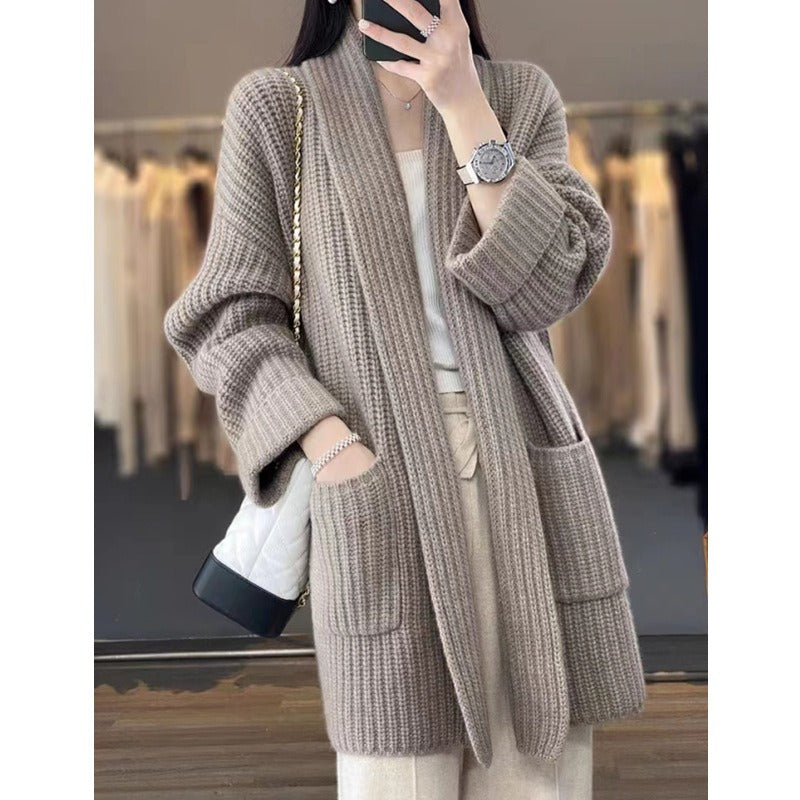 Drune | Strickjacke Übergröße Passform Grobstrick Schal Kragen Langes Modell mit Taschen