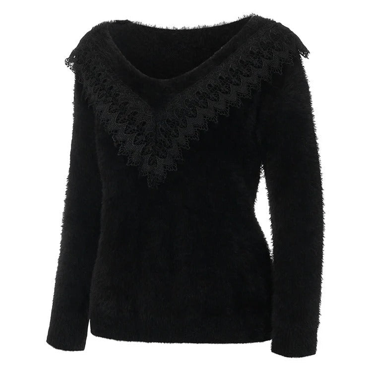 Drune | Slim Fit Weiche Stricktextur Spitzen V-Ausschnitt Langarm