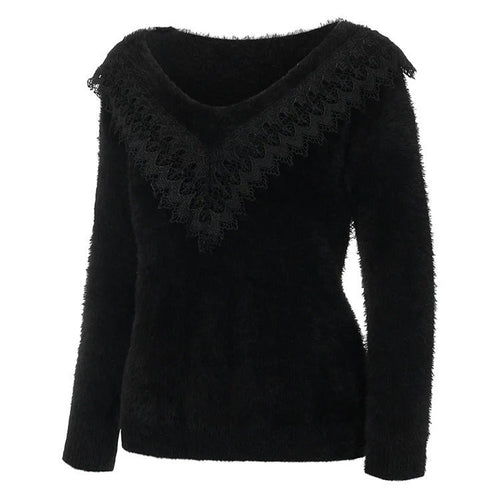 Drune | Slim Fit Weiche Stricktextur Spitzen V-Ausschnitt Langarm