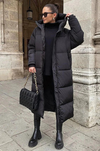 Drune | Puffer-Jacke Gesteppter Oversized-Schnitt Vollständig Länge Kapuze Hoher Kragen Warm Tragen